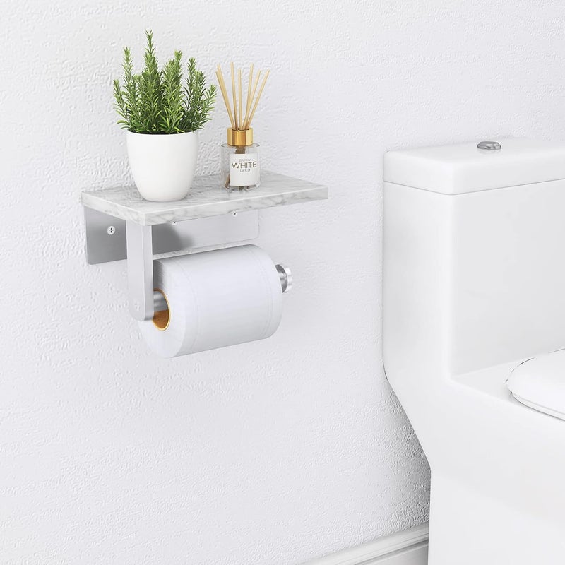 Gypie Brushed Nickel Toilet Paper Holder with Natural Marble Shelf, Screw Wall Mounted, Tissue Roll Holder for Bathroom Washroom - Image 2